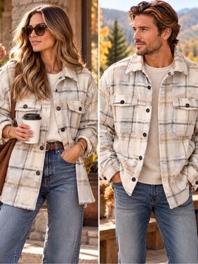 Kolby Soft Plaid Overshirt Shacket XXL Cream Grey Tan
